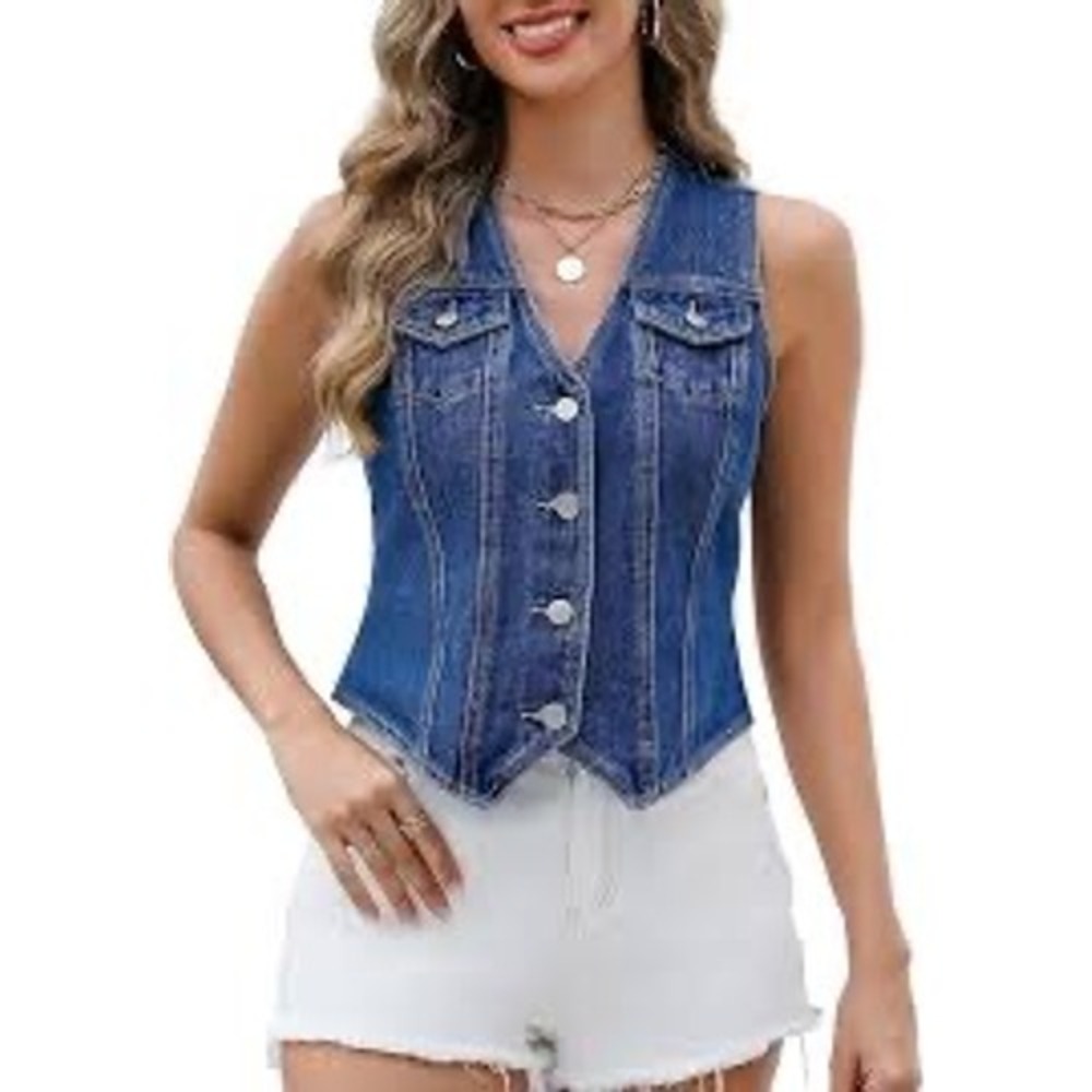 Jessica Simpson Womens Denim Vest Medium Wash Button Front Jean Top XS